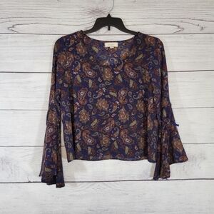 No Comment Navy Paisley Bell Sleeve Boho Top Sz Med